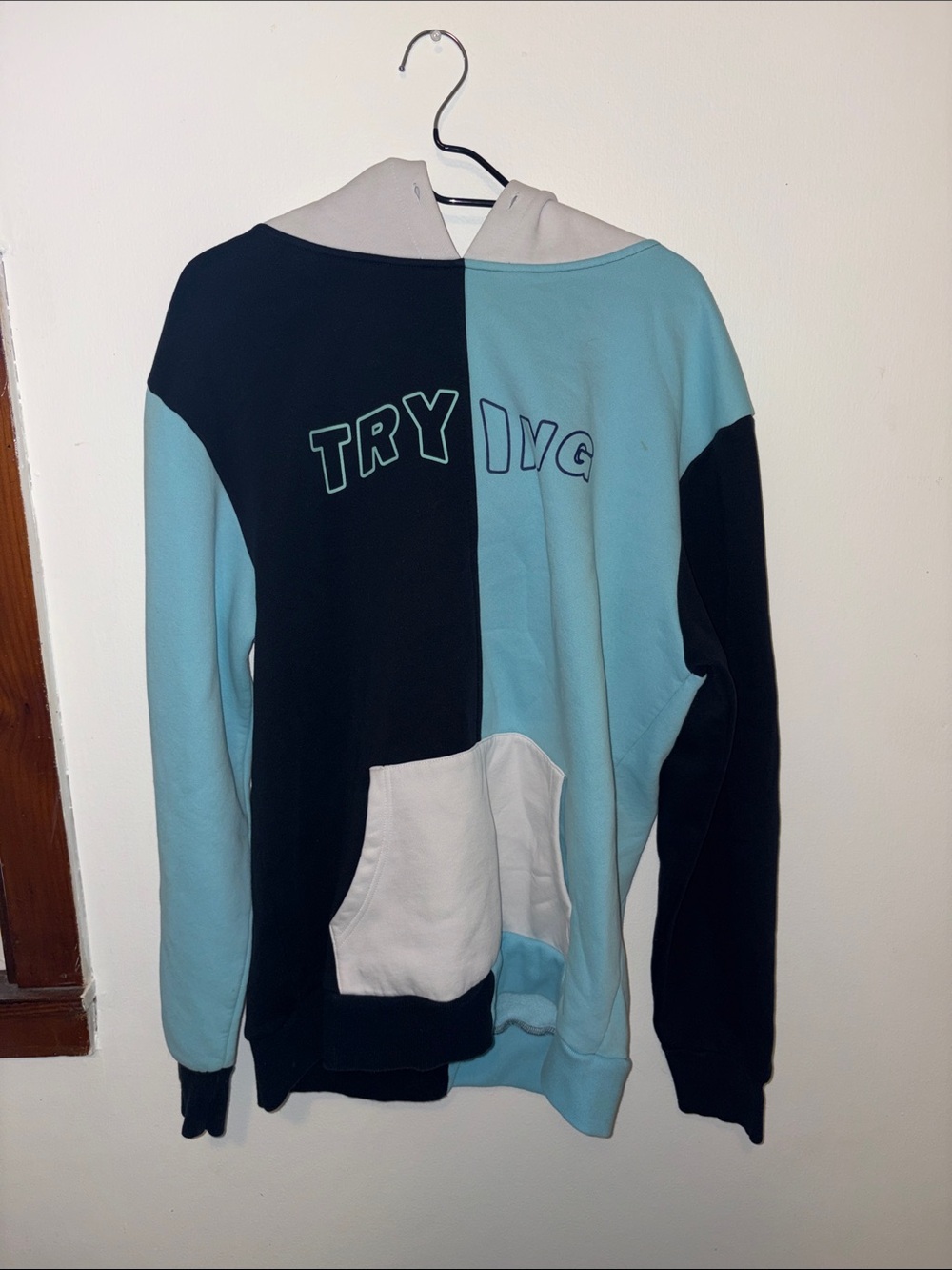 Try ING Split-Panel Blue and Black Hooded Sweater